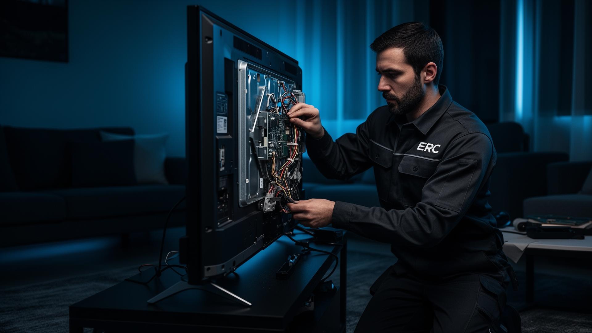 Técnico de ERC Soluciones Técnicas reparando un televisor smart TV a domicilio en Bogotá